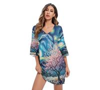 RPLIFE Blue Cat Moon Stars Robe décontractée en mousseline de soie imprimée Robe en V Line pour femme, Fleur d'amandier étoilée, XX-Large