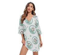 RPLIFE Cartoon Monkeys Stars Robe décontractée à col en V en mousseline de soie imprimée, Dessin animé singes étoiles, Taille M