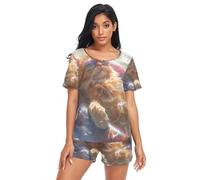 RPLIFE Chat orange portant des lunettes de soleil jammies pour femmes, ensembles courts pour femmes, Chat orange portant des lunettes de soleil, XL