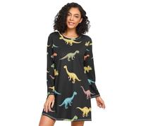 RPLIFE Chemise de nuit à manches longues pour femme, motif dinosaures colorés, robe de nuit confortable pour l'automne, Dinosaures colorés Noir 1, XXL
