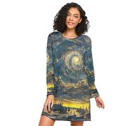 RPLIFE Chemise de nuit à manches longues pour femme, robe de nuit confortable à col rond, chemise de nuit décontractée pour femme, ciel étoilé fabriqué par des artistes, Ciel étoilé fabriqué par des