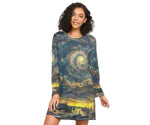 RPLIFE Chemise de nuit à manches longues pour femme, robe de nuit confortable à col rond, chemise de nuit décontractée pour femme, ciel étoilé fabriqué par des artistes, Ciel étoilé fabriqué par des