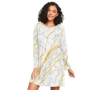 RPLIFE Chemise de nuit d'automne confortable pour femme, chemises de nuit à manches longues pour femme, texture marbrée, veines dorées, blanc, Texture marbre veines dorées blanches, XXL