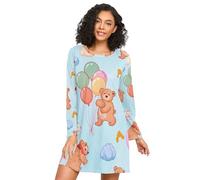 RPLIFE Chemise de nuit d'automne confortable pour femme, chemises de nuit à manches longues pour femme, ours mignons ballons bleu clair, Ballons mignons ours bleu clair, M