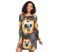 RPLIFE Chemises de nuit à manches longues pour femmes, motif ballons de football, robe de nuit confortable à col rond, chemise de nuit ample pour femmes, Ballons de football gris feu, M