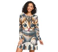 RPLIFE Chemises de nuit à manches longues pour femmes, robe de nuit confortable à col rond, chemise de nuit décontractée pour femme, Chaton mignon piano chat, XL