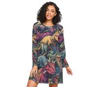 RPLIFE Chemises de nuit pour femmes, chemises de nuit à manches longues pour femmes, robe de nuit décontractée pour femme, pour l'automne, motif dinosaures, Motif dinosaures, XXL