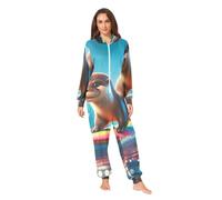 RPLIFE Combinaison pyjama à capuche en peluche douce pour adulte Motif loutre et surf, Loutre mignonne surfer drôle, X-Small