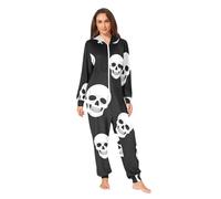 RPLIFE Combinaison pyjama pour adulte, motif crânes blancs, noir, vêtement d'intérieur en peluche ultra douce, poches zippées, Crânes blancs noirs, XL