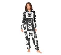 RPLIFE Combinaison pyjama une pièce à motif chat noir et blanc pour adulte et femme, combinaison à capuche, pyjama de Noël pour adulte, Plaid chat noir et blanc, 3X-Large