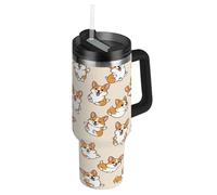 RPLIFE Corgi - Gobelet isotherme en acier inoxydable avec couvercle et pailles pour homme et femme, beige ludique avec poignée, 1 200 ml