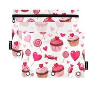 RPLIFE Cupcakes Hearts Candy Lot de 2 pochettes à fermeture éclair pour l'école des enfants, trousse à crayons sur le devant transparent pour garçons et filles, 24 x 17 cm (taille unique x 2)