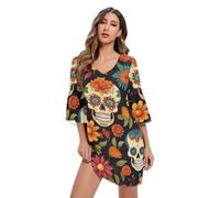 RPLIFE Day of Dead Robe d'été en mousseline de soie à manches 3/4 et col en V Taille S à XXL, Jour des morts, Taille S