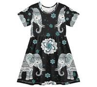 RPLIFE Elephant Boho Robe trapèze à manches courtes en tricot pour fille 2T, 3T, 4T, 5 à 6T, 7 à 8T, Éléphant Boho Noir, 4 ans