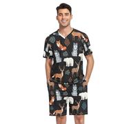 RPLIFE Ensemble de pyjama 2 pièces à manches courtes avec poches pour homme, vêtements de détente respirants, tailles S à XXL, Animaux mignons renard loup ours noir, L