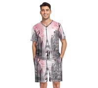 RPLIFE Ensemble de pyjama d'été pour homme, haut et short de pyjama, ensemble de détente doux, tailles S à XXL, Peindre des gens se promenant dans les parapluies de Paris, XXL