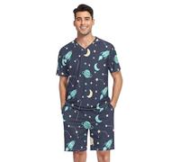RPLIFE Ensemble de pyjama pour homme, à manches courtes, doux et léger avec poches, tailles S à XXL, Mignon dessin animé fusée planète bleu, M