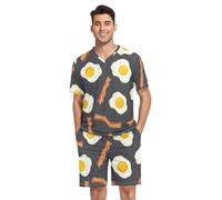 RPLIFE Ensemble de pyjama pour homme, manches courtes, col en V, vêtements de nuit avec poches, S-XXL, Dessin animé Oeuf Bacon Gris, XXL