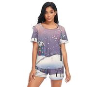 RPLIFE Ensemble de vêtements de nuit pour femme, ensemble assorti pour femme, vêtements de détente pour femme, Scène d'hiver vieille maison, XXL