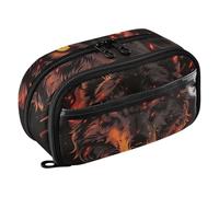 RPLIFE Fiery Wolf Trousse à crayons noire pour adolescentes de grande capacité, organiseur de papeterie à double fermeture éclair avec poche en PVC transparent