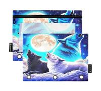 RPLIFE Galaxy Cool Wolf Lot de 2 pochettes perforées à 3 trous pour l'école des enfants, pochette transparente à fermeture éclair pour garçons et filles, 24,8 x 17,8 cm (taille unique x 2)