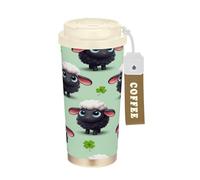 RPLIFE Gobelet à café de voyage de 473 ml avec paille et couvercle à filet, en acier inoxydable, anti-fuite, pour bureau, école, fête, camping, motif mignon de mouton noir, yeux bleus