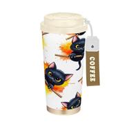 RPLIFE Gobelet à café de voyage de 473 ml avec paille et couvercle à filtre, revêtement en céramique isotherme en acier inoxydable, gobelet à café de voyage anti-fuite, motif yeux de chat noir mignon