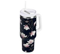 RPLIFE Gobelet à café de voyage en acier inoxydable avec paille - Motif fleurs blanches - Rose pâle - Pour femme