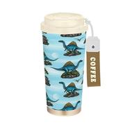 RPLIFE Gobelet à café de voyage isotherme en acier inoxydable, 473 ml, avec paille et couvercle à filtre, revêtement en céramique anti-fuite, motif dinosaure bleu