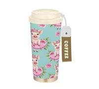RPLIFE Gobelet à café de voyage isotherme en acier inoxydable, 473 ml, avec paille et couvercle à ressort, revêtement en céramique anti-fuite, joli motif aquarelle de cochons, couronnes de fleurs