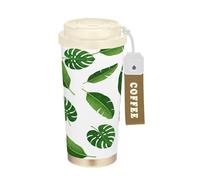 RPLIFE Gobelet à café isotherme de 473 ml avec revêtement en céramique - Gobelet à café en acier inoxydable avec paille et couvercle à filtre, motif feuilles de bananier (vert)
