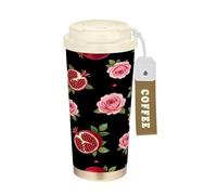 RPLIFE Gobelet à café isotherme en acier inoxydable, 473 ml, avec paille et couvercle à filtre, revêtement en céramique anti-fuite, rose rose, noir
