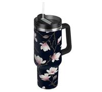 RPLIFE Gobelet à café isotherme en acier inoxydable avec couvercle et paille de 887 ml pour homme et femme, motif fleurs blanches, rose pâle