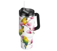 RPLIFE Gobelet avec couvercle et paille - Gobelet isotherme en acier inoxydable pour homme et femme - 1200 ml - Motif perroquets jaunes et verts - Magnolia rose