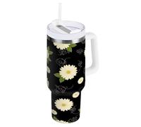 RPLIFE Gobelet avec poignée, en acier inoxydable, avec couvercle et paille - Motif fleurs et feuilles vertes - Ivoire