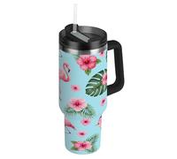 RPLIFE Gobelet isotherme en acier inoxydable avec couvercle et paille, 1200 ml, pour homme et femme, motif flamants roses tropicaux, bleu