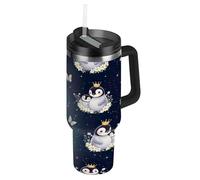 RPLIFE Gobelet isotherme en acier inoxydable avec couvercle et paille - Motif pingouins mignons - Bleu foncé - 887 ml