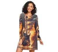 RPLIFE Guitar on Fire Chemise de nuit à manches longues pour femme, robe de nuit confortable à col rond, chemise de nuit douce pour femme, Guitare en feu, XL