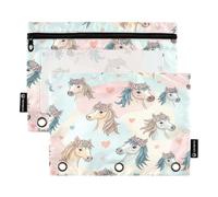 RPLIFE Lot de 2 jolies couronnes de fleurs de chevaux pastel, pochette à fermeture éclair à trois trous pour l'école, pochette zippée sur le devant transparent pour garçons et filles, 24,8 x 17,8 cm