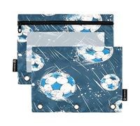 RPLIFE Lot de 2 pochettes à fermeture éclair à trois trous pour ballons de football blancs et bleus avec fenêtre transparente, fournitures scolaires pour enfants, 24 x 17 cm (taille unique x 2)