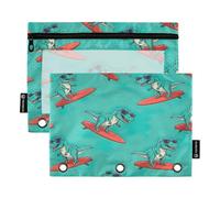 RPLIFE Lot de 2 pochettes à fermeture éclair pour enfants - Motif dinosaures mignons et drôles - Vert - Pochette transparente à 3 anneaux pour garçons et filles, 24 x 17 cm (taille unique x 2)