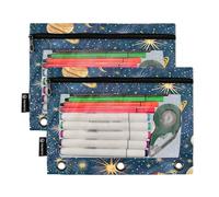 RPLIFE Lot de 2 trousses à crayons pour classeur à 3 anneaux, grande trousse à crayons souple pour classeur, essentiels pour la rentrée scolaire, 24 x 17 cm, étoiles colorées, lunes, planètes, bleu