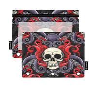 RPLIFE Lot de 2 trousses à crayons pour classeur à 3 anneaux, pochettes souples en polyester, essentiels pour la rentrée scolaire, 24,9 x 17,8 cm, crâne drôle, rouge, violet