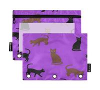 RPLIFE Lot de 2 trousses à crayons pour classeur à 3 anneaux, trousse à crayons plate transparente et douce, fournitures de rentrée scolaire, 24 x 17 cm, marron noir chats violets