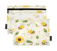 RPLIFE Lot de 2 trousses à crayons pour classeur à 3 anneaux, trousse à crayons souple à fermeture éclair plate, essentiels pour la rentrée scolaire, 24 x 17 cm, jolies abeilles de dessin animé fleurs