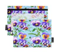 RPLIFE Lot de 2 trousses à crayons pour classeur à 3 anneaux, trousse à crayons souple à fermeture éclair plate, essentiels pour la rentrée scolaire, 24 x 17 cm, pensées aquarelles fleurs bleues