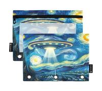 RPLIFE Lot de 2 trousses à crayons pour classeur à 3 anneaux, trousse à crayons souple plate, fournitures de rentrée scolaire, 24 x 17 cm, nuit étoilée OVNI