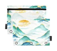 RPLIFE Lot de 2 trousses à crayons pour classeur à 3 anneaux, trousse plate transparente et douce, fournitures de rentrée scolaire, 24 x 17 cm, vert aquarelle montagnes