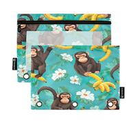 RPLIFE Lot de 2 trousses à crayons pour classeur à 3 anneaux, trousse plate transparente et douce, fournitures de rentrée scolaire, 24 x 17 cm, drôle de singes bananes turquoise