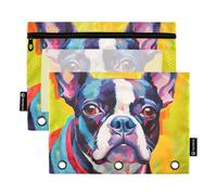RPLIFE Lot de 2 trousses à fermeture éclair à 3 trous avec fenêtre transparente, motif terrier de Boston Terrier, fournitures scolaires, 24 x 17 cm (taille unique x 2)